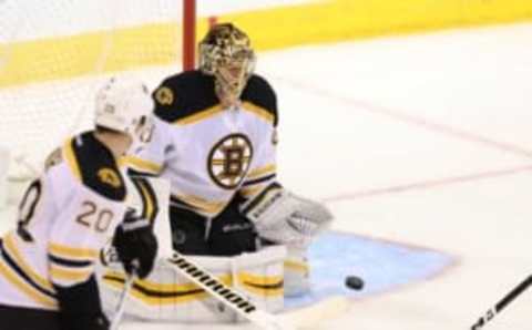 Oct 17, 2016; Winnipeg, Manitoba, CAN; Boston Bruins goalie Tuukka Rask (40) makes a save during the second period against Winnipeg Jets at the MTS Centre. Mandatory Credit: Bruce Fedyck-USA TODAY Sports