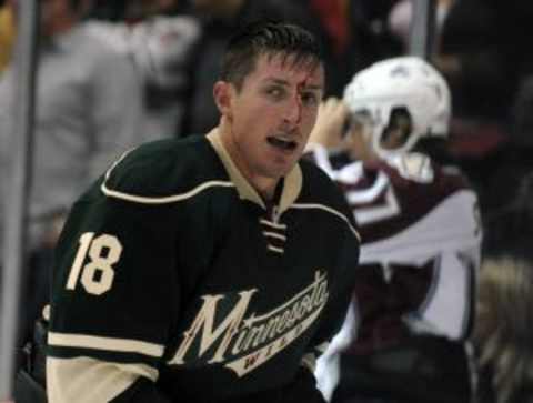 Oct 9, 2014; Saint Paul, MN, USA; Minnesota Wild forward Ryan Carter (18) reacts after a fight with Colorado Avalanche forward Maxime Talbot (25) during the second period at Xcel Energy Center. Mandatory Credit: Marilyn Indahl-USA TODAY Sports