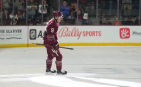 Apr 8, 2023; Tempe, Arizona, USA; Arizona Coyotes right wing Clayton Keller (9) celebrates his goal against the Anaheim Ducks during the second period at Mullett Arena. Mandatory Credit: Joe Camporeale-USA TODAY Sports