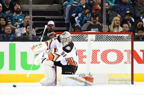 SAN JOSE, CA: Goalie John Gibson #36 of the Anaheim Ducks makes a stick save against the San Jose Sharks during the first period in Game Four of the 2018 Western Conference First Round on April 18, 2018. (Photo by Thearon W. Henderson/Getty Images)