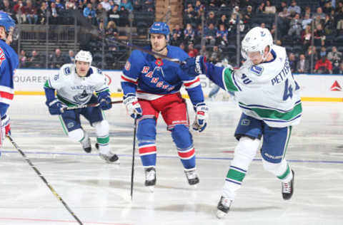 NEW YORK, NY – NOVEMBER 12: Elias Pettersson #40 of the Vancouver Canucks shoots the puck against the New York Rangers at Madison Square Garden on November 12, 2018 in New York City. The New York Rangers won 2-1. (Photo by Jared Silber/NHLI via Getty Images)