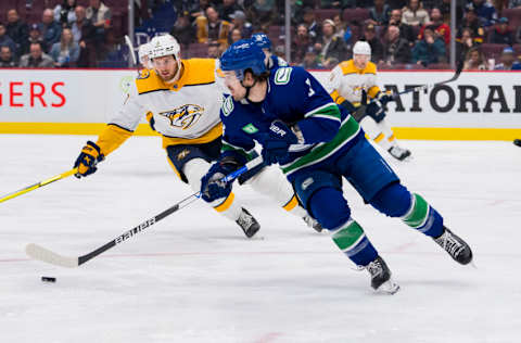 Mar 6, 2023; Vancouver, British Columbia, CAN; Vancouver Canucks forward Conor Garland (8) handles the puck against the Nashville Predators in the second period at Rogers Arena. Mandatory Credit: Bob Frid-USA TODAY Sports