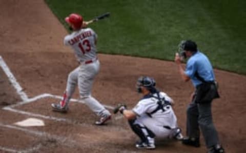 MILWAUKEE, WI – JUNE 24: Matt Carpenter #13 of the St. Louis Cardinals hits a single in the fourth inning against the Milwaukee Brewers at Miller Park on June 24, 2018 in Milwaukee, Wisconsin. (Photo by Dylan Buell/Getty Images)