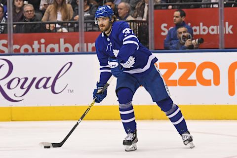 TORONTO, ON – FEBRUARY 11: Toronto Maple Leafs Defenceman Timothy Liljegren (37) controls the puck during the regular season NHL game between the Arizona Coyotes and Toronto Maple Leafs on February 11, 2019 at Scotiabank Arena in Toronto, ON. (Photo by Gerry Angus/Icon Sportswire via Getty Images)