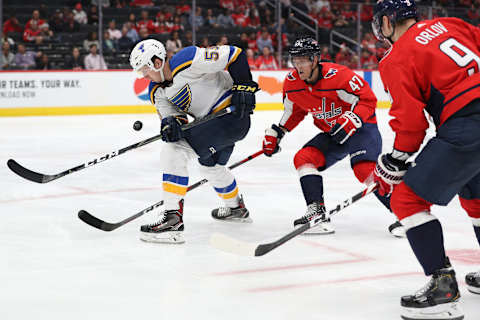 WASHINGTON, DC – SEPTEMBER 18: Austin Poganski #53 of the St. Louis Blues skates against the Washington Capitals during a preseason NHL game at Capital One Arena on September 18, 2019 in Washington, DC. (Photo by Patrick Smith/Getty Images)