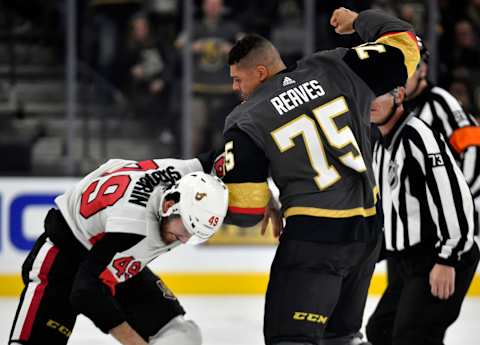 LAS VEGAS, NEVADA – OCTOBER 17: Ryan Reaves #75 of the Vegas Golden Knights fights Scott Sabourin #49 of the Ottawa Senators during the first period at T-Mobile Arena on October 17, 2019 in Las Vegas, Nevada. (Photo by Jeff Bottari/NHLI via Getty Images)