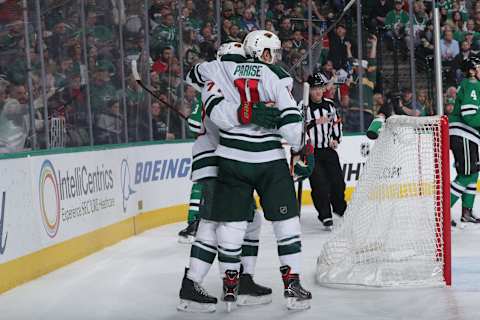 DALLAS, TX – FEBRUARY 1: Zack Parise #11 and the Minnesota Wild celebrate a goal against the Dallas Stars at the American Airlines Center on February 1, 2019 in Dallas, Texas. (Photo by Glenn James/NHLI via Getty Images)