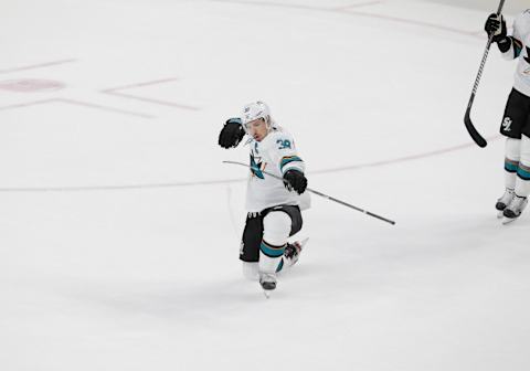 LAS VEGAS, NV – NOVEMBER 21: San Jose Sharks center Logan Couture (39) celebrates after scoring the game winning goal in overtime during a regular season game against the Vegas Golden Knights Thursday, Nov. 21, 2019, at T-Mobile Arena in Las Vegas, Nevada. (Photo by: Marc Sanchez/Icon Sportswire via Getty Images)