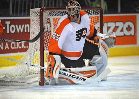 Sep 22, 2014; London, Ontario, CAN; Philadelphia Flyers goalie Anthony Stolarz (65) in the first period against Toronto Maple Leafs at Budweiser Gardens. Mandatory Credit: Peter Llewellyn-USA TODAY Sports