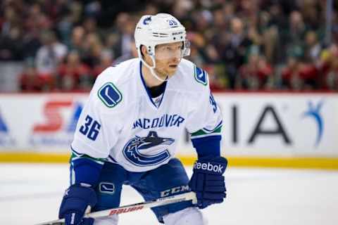 Dec 15, 2015; Saint Paul, MN, USA; Vancouver Canucks forward Jannik Hansen (36) waits for the faceoff in the third period against the Minnesota Wild at Xcel Energy Center. The Minnesota Wild beat the Vancouver Canucks 6-2. Mandatory Credit: Brad Rempel-USA TODAY Sports