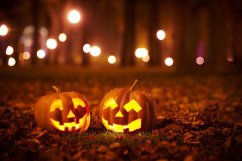 Two carved pumpkins set against a background of glowing woods