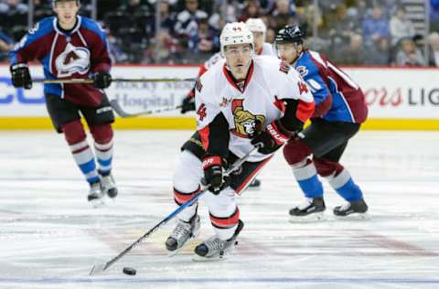 Mar 11, 2017; Denver, CO, USA; Ottawa Senators center Jean-Gabriel Pageau (44) controls the puck in the first period against the Colorado Avalanche at the Pepsi Center. Mandatory Credit: Isaiah J. Downing-USA TODAY Sports