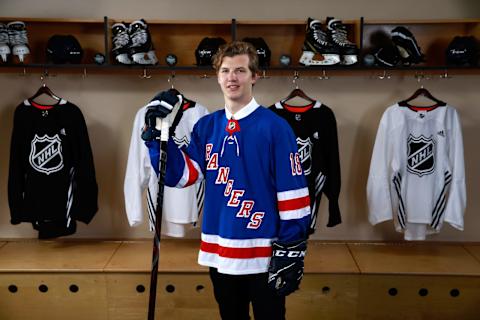 DALLAS, TX – JUNE 22: Vitali Kravtsov poses for a portrait after being selected ninth overall by the New York Rangers during the first round of the 2018 NHL Draft at American Airlines Center on June 22, 2018 in Dallas, Texas. (Photo by Jeff Vinnick/NHLI via Getty Images)