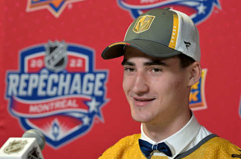 Jul 8, 2022; Montreal, Quebec, CANADA; Matyas Sapovaliv gives an interview after being selected by the Vegas Golden Knights in the second round of the 2022 NHL Draft at the Bell Centre. Mandatory Credit: Eric Bolte-USA TODAY Sports