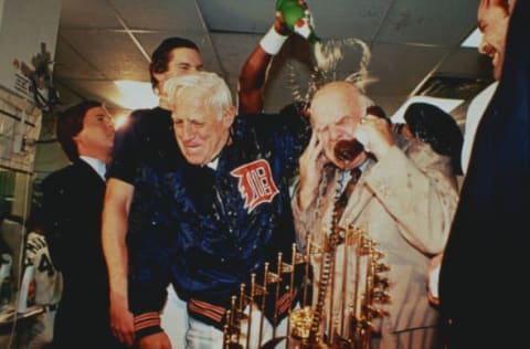 (Original Caption) USA: Sparky Anderson, Detroit Tigers, manager and Jim Campbell, enjoy the thrill of victory under a shower of Champagne in the lockerroom of the Detroit Tigers after their win over the San Diego Padres in the World Series.