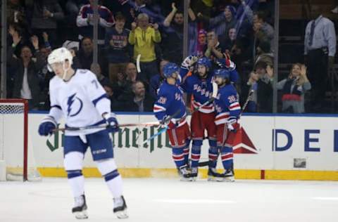 NEW YORK, NY – FEBRUARY 02: Mats Zuccarello #36, Mika Zibanejad #93 and Chris Kreider #20 of the New York Rangers celebrate after scoring a goal in the second period against the Tampa Bay Lightning at Madison Square Garden on February 2, 2019 in New York City. (Photo by Jared Silber/NHLI via Getty Images)