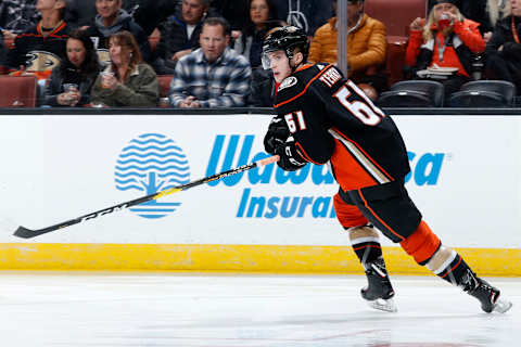 ANAHEIM, CA – MARCH 8: Troy Terry #61 of the Anaheim Ducks skates during the game against the Montreal Canadiens on March 8, 2019, at Honda Center in Anaheim, California. (Photo by Debora Robinson/NHLI via Getty Images)