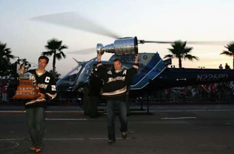 ANAHEIM, CA – JUNE 09: The Stanley Cup is delivered to the Honda Center in a helicopter by Rob Niedermayer. (Photo by Jeff Gross/Getty Images)