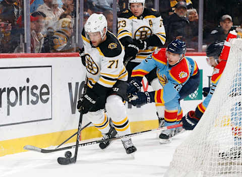 Boston Bruins, Taylor Hall #71, Florida Panthers, Gustav Forsling #42. (Photo by Joel Auerbach/Getty Images)