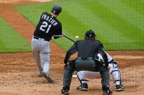 Apr 30, 2017; Detroit, MI, USA; Chicago White Sox third baseman Todd Frazier (21) hits a home run against the Detroit Tigers in the sixth inning at Comerica Park. Mandatory Credit: Aaron Doster-USA TODAY Sports