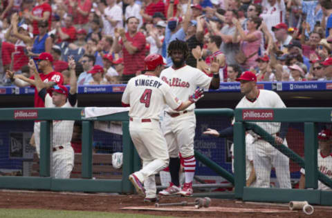 Herrera is usually the first player in the dugout to congratulate a teammate. Photo by Mitchell Leff/Getty Images.