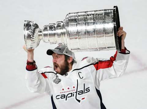 LAS VEGAS, NV – JUNE 7: Washington Capitals left wing Alex Ovechkin (8) rejoices after winning the Stanley Cup over the Vegas Golden Knights in game five of The Stanley Cup Final. (Photo by Jonathan Newton/The Washington Post via Getty Images)