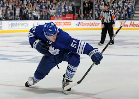 TORONTO, CANADA – MAY 6: Jake Gardiner #51 of the Toronto Maple Leafs celebrates a second period goal in Game Three of the Eastern Conference Quarterfinals against the Boston Bruins during the 2013 NHL Stanley Cup Playoffs May 6, 2013 at the Air Canada Centre in Toronto, Ontario, Canada. (Photo by Graig Abel/NHLI via Getty Images)