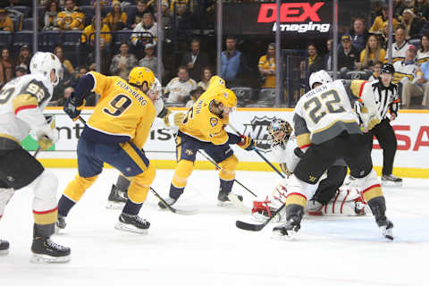 NASHVILLE, TN – FEBRUARY 01: The shot of Nashville Predators right wing Craig Smith (15) deflects off the pads of Vegas Golden Knights goalie Marc-Andre Fleury (29) during the NHL game between the Nashville Predators and Vegas Golden Knights, held on February 1, 2020, at Bridgestone Arena in Nashville, Tennessee. (Photo by Danny Murphy/Icon Sportswire via Getty Images)