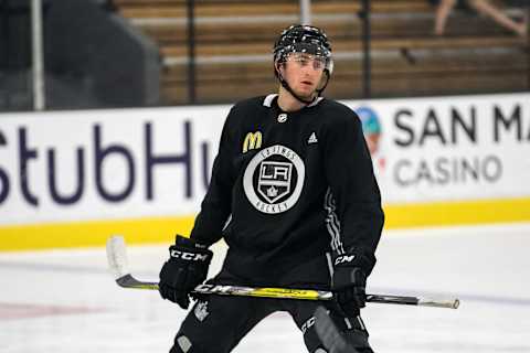 EL SEGUNDO, CA – JUNE 27: Los Angeles Kings Prospect Forward Gabe Vilardi (42) looks on during the Los Angeles Kings Development Camp on June 27, 2018 at Toyota Sports Center in El Segundo, California. (Photo by Joshua Lavallee/Icon Sportswire via Getty Images)