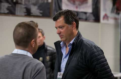 TRAVERSE CITY, MI – SEPTEMBER 10: General manager of the Minnesota Wild Bill Guerin does an interview between periods of the Chicago Blackhawks and the Minnesota Wild game during Day-5 of the NHL Prospects Tournament at Centre Ice Arena on September 10, 2019, in Traverse City, Michigan. (Photo by Dave Reginek/NHLI via Getty Images)