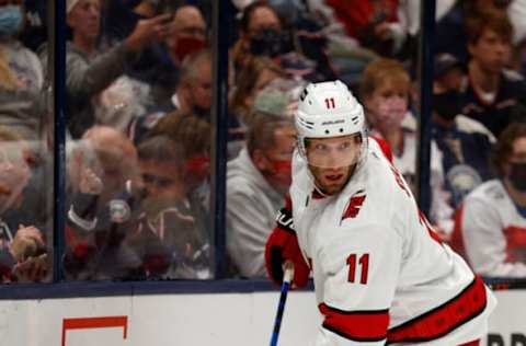 COLUMBUS, OH – OCTOBER 23: Jordan Staal #11 of the Carolina Hurricanes controls the puck during the game against the Columbus Blue Jackets at Nationwide Arena on October 23, 2021, in Columbus, Ohio. (Photo by Kirk Irwin/Getty Images)