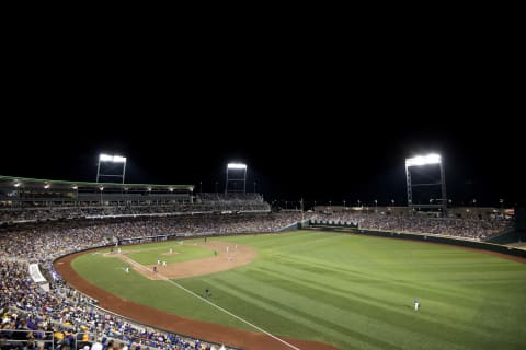 OMAHA, NE – JUNE 27: Louisiana State University takes on the University of Florida during game two of the Division I Men’s Baseball Championship held at TD Ameritrade Park on June 27, 2017 in Omaha, Nebraska. The University of Florida defeated Louisiana State University 6-1 in game two of the best of three series. (Photo by Justin Tafoya/NCAA Photos via Getty Images)