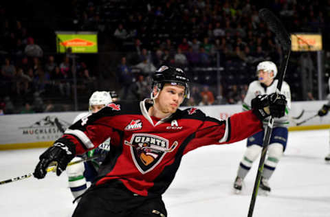 KENT, WASHINGTON – MARCH 30: Bowen Byram #44 of the Vancouver Giants celebrates after scoring against the Seattle Thunderbirds during the first period at the accesso ShoWare Center on March 30, 2019 in Kent, Washington. (Photo by Alika Jenner/Getty Images)