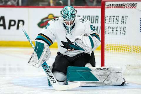 ST PAUL, MN – APRIL 17: James Reimer #47 of the San Jose Sharks warms up against the Minnesota Wild before the start of the second period of the game at Xcel Energy Center on April 17, 2022 in St Paul, Minnesota. The Wild defeated the Sharks 5-4 and clinched a berth to the Stanley Cup Playoffs. (Photo by David Berding/Getty Images)