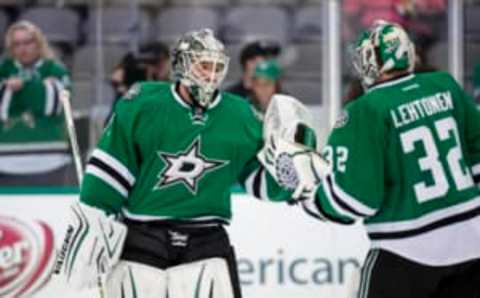 NHL Trade Rumors: Dallas Stars goalie Antti Niemi (31) and goalie Kari Lehtonen (32) skate in warm-ups prior to the game against the Colorado Avalanche at the American Airlines Center. Mandatory Credit: Jerome Miron-USA TODAY Sports