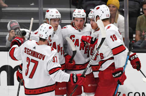 ANAHEIM, CA – OCTOBER 18: Carolina Hurricanes center Erik Haula (56) at center with his teammates after Haula scored a goal in the second period of a game against the Anaheim Ducks played on October 18, 2019 at the Honda Center in Anaheim, CA. (Photo by John Cordes/Icon Sportswire via Getty Images)