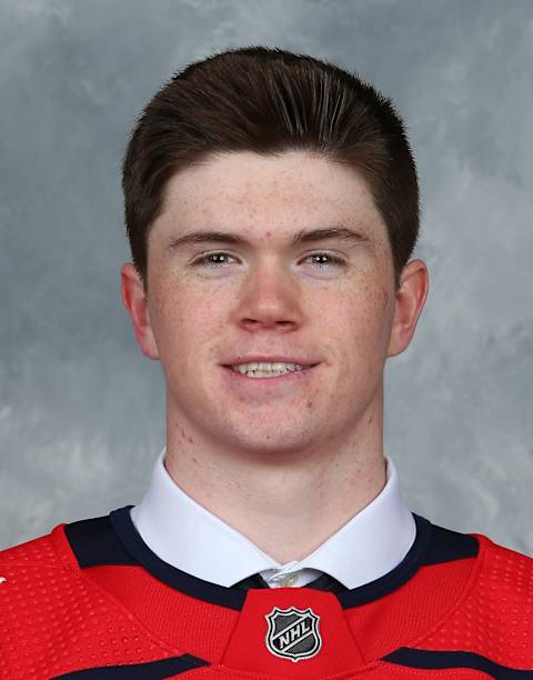 VANCOUVER, BRITISH COLUMBIA – JUNE 21: Connor McMichael, 25th overall pick of the Washington Capitals, poses for a portrait during the first round of the 2019 NHL Draft at Rogers Arena on June 21, 2019 in Vancouver, Canada. (Photo by Andre Ringuette/NHLI via Getty Images)