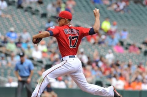 Aug 11, 2016; Minneapolis, MN, USA; Minnesota Twins pitcher Jose Berrios (17) delivers a pitch during the third inning against the Houston Astros at Target Field. Mandatory Credit: Marilyn Indahl-USA TODAY Sports