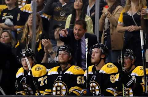 BOSTON, MA – OCTOBER 05: Boston Bruins head coach Bruce Cassidy makes a point during an NHL game between the Boston Bruins and the Nashville Predators on October 5, 2017, at TD Garden in Boston, Massachusetts. The Bruins defeated the Predators 4-3. (Photo by Fred Kfoury III/Icon Sportswire via Getty Images)