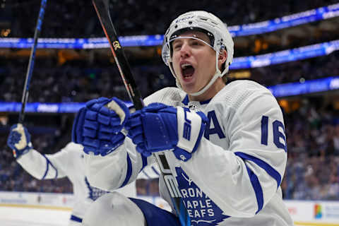 TAMPA, FL – DECEMBER 3: Mitchell Marner #16 of the Toronto Maple Leafs celebrates his goal against the Tampa Bay Lightning during the third period of the game at the Amalie Arena on December 3, 2022 in Tampa, Florida. (Photo by Mike Carlson/Getty Images)