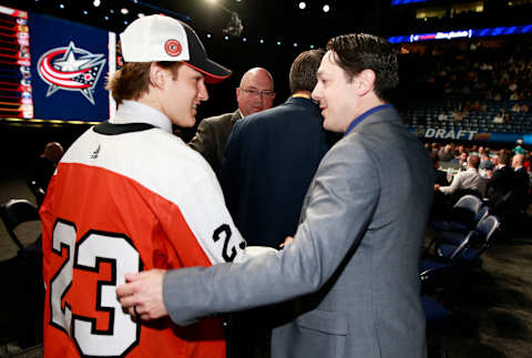 Denver Barkey with Danny Briere after being drafted by the Flyers. (Photo by Jeff Vinnick/NHLI via Getty Images)