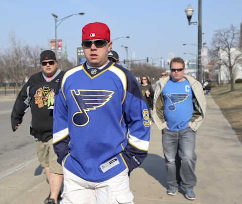 Apr 5, 2015; Chicago, IL, USA; St. Louis Blues fans arrive at the United Center prior to the Blues