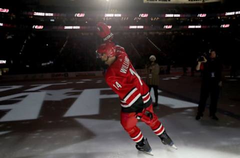 RALEIGH, NC – JANUARY 21: Justin Williams #14 of the Carolina Hurricanes celebrates after being named 1st star of the game after defeating the Winnipeg Jets during an NHL game on January 21, 2020 at PNC Arena in Raleigh, North Carolina. (Photo by Gregg Forwerck/NHLI via Getty Images)