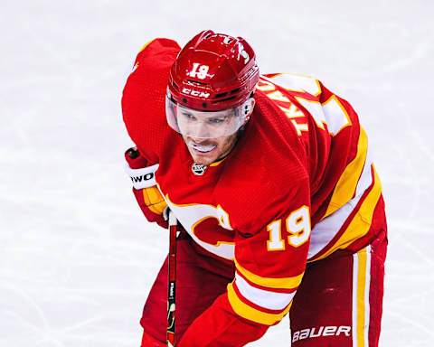 CALGARY, AB – APRIL 4: Matthew Tkachuk #19 of the Calgary Flames in action against the Toronto Maple Leafs during an NHL game at Scotiabank Saddledome on April 4, 2021 in Calgary, Alberta, Canada. (Photo by Derek Leung/Getty Images)