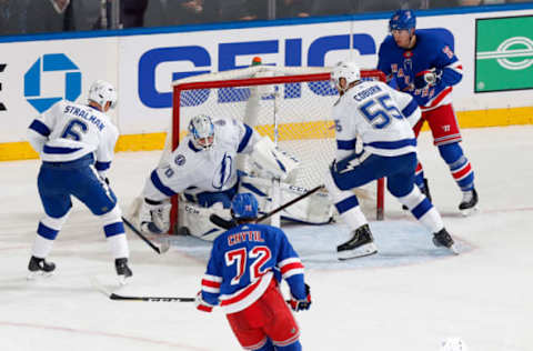 NEW YORK, NY – FEBRUARY 02: Louis Domingue #70 of the Tampa Bay Lightning tends the net against the New York Rangers at Madison Square Garden on February 2, 2019 in New York City. (Photo by Jared Silber/NHLI via Getty Images)