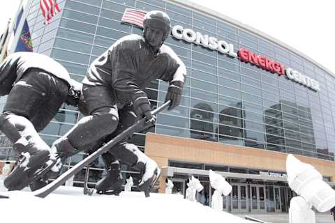 Jan 23, 2016; Pittsburgh, PA, USA; General view of snow on the Mario Lemieux statue outside before the Pittsburgh Penguins host the Vancouver Canucks at the CONSOL Energy Center. Mandatory Credit: Charles LeClaire-USA TODAY Sports