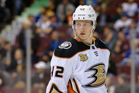 VANCOUVER, BC – MARCH 26: Anaheim Ducks Defenceman Josh Manson (42) waits for a face-off during their NHL game against the Vancouver Canucks at Rogers Arena on March 26, 2019 in Vancouver, British Columbia, Canada. Anaheim won 5-4. (Photo by Derek Cain/Icon Sportswire via Getty Images)