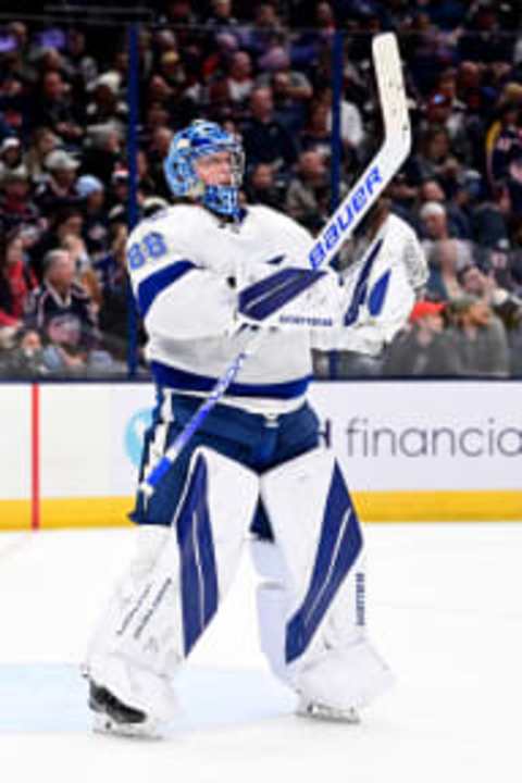 COLUMBUS, OHIO – OCTOBER 14: Andrei Vasilevskiy #88 of the Tampa Bay Lightning during the second period against the Columbus Blue Jackets at Nationwide Arena on October 14, 2022 in Columbus, Ohio. (Photo by Emilee Chinn/Getty Images)