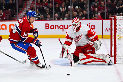 Dec 2, 2023; Montreal, Quebec, CAN; Montreal Canadiens right wing Jesse Ylonen. Mandatory Credit: David Kirouac-USA TODAY Sports