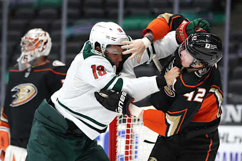 Jordan Greenway #18 of the Minnesota Wild fights Josh Manson #42 of the Anaheim Ducks (Photo by Sean M. Haffey/Getty Images)